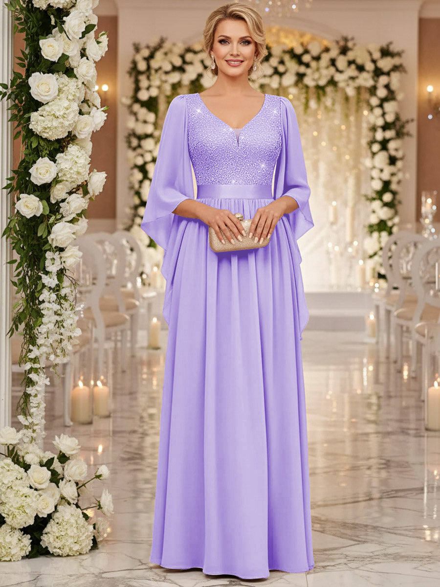 A-Line/Princess V Neck Long Sleeve Floor-Length Mother of the Bride Dresses with Sequin