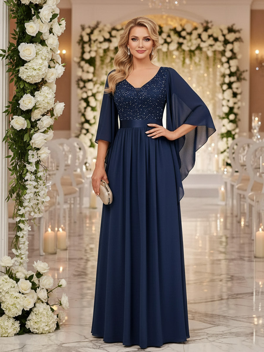 A-Line/Princess V Neck Long Sleeve Floor-Length Mother of the Bride Dresses with Sequin