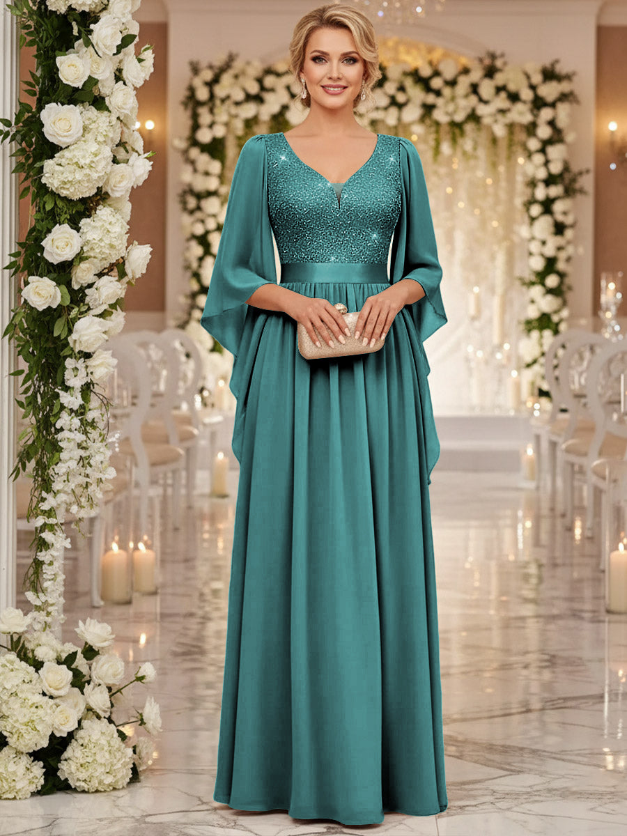 A-Line/Princess V Neck Long Sleeve Floor-Length Mother of the Bride Dresses with Sequin