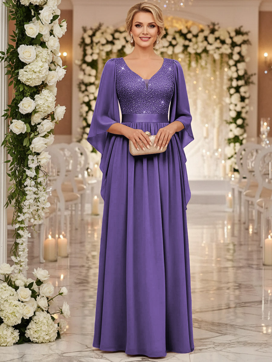 A-Line/Princess V Neck Long Sleeve Floor-Length Mother of the Bride Dresses with Sequin