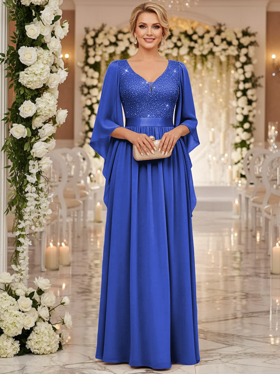 A-Line/Princess V Neck Long Sleeve Floor-Length Mother of the Bride Dresses with Sequin