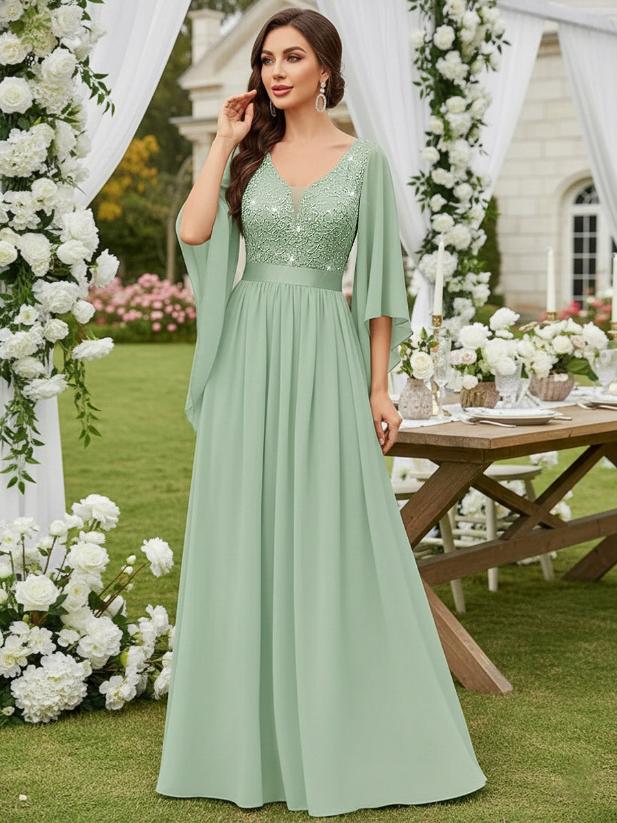 A-Line/Princess V Neck Long Sleeve Floor-Length Mother of the Bride Dresses with Sequin