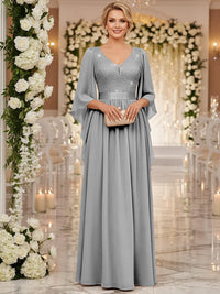 A-Line/Princess V Neck Long Sleeve Floor-Length Mother of the Bride Dresses with Sequin