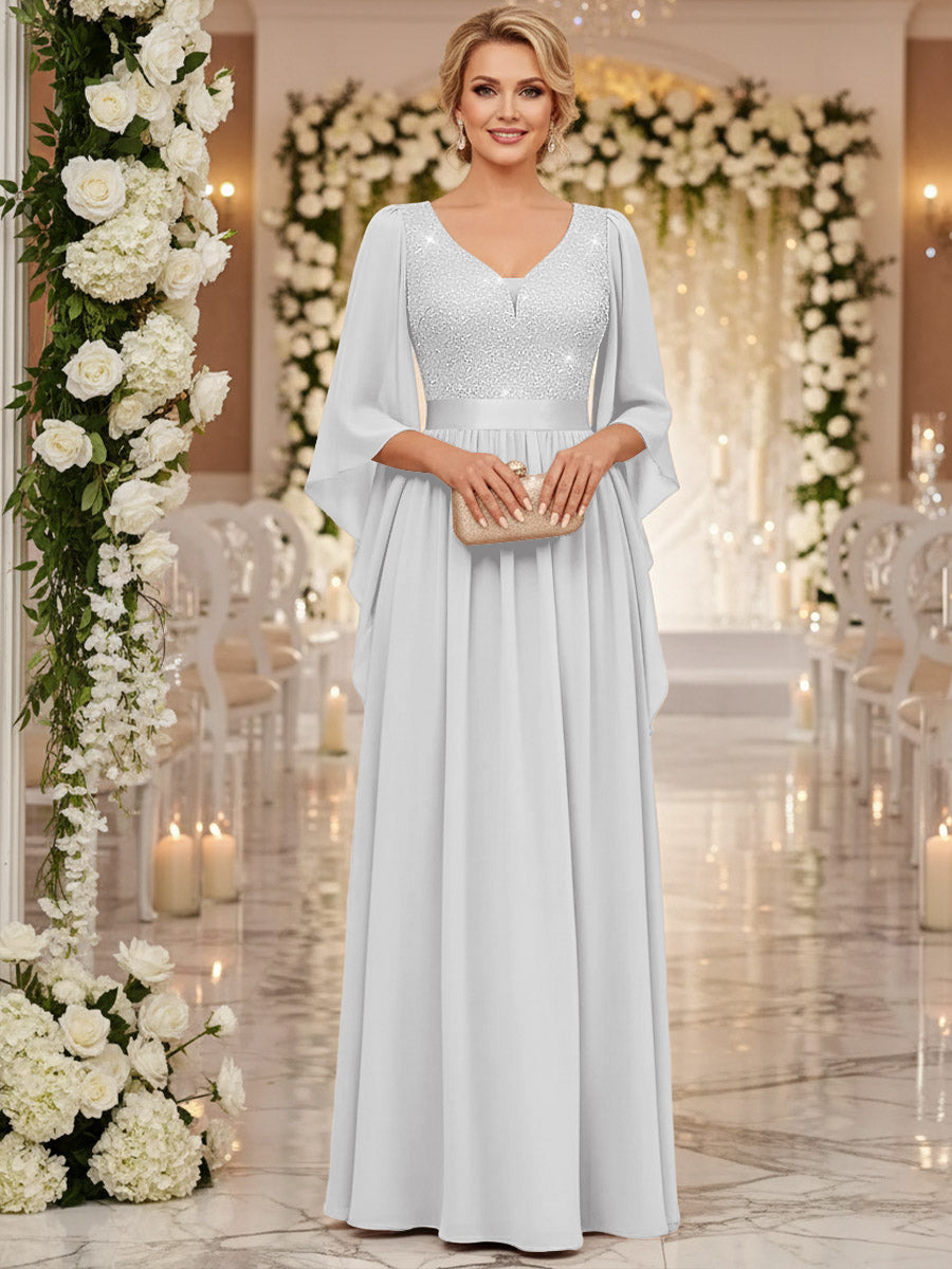 A-Line/Princess V Neck Long Sleeve Floor-Length Mother of the Bride Dresses with Sequin