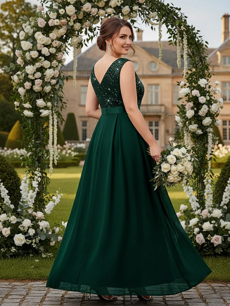 A-Line/Princess V Neck Sleeveless Floor-Length Mother of the Bride Dresses with Sequin