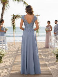 A-Line/Princess Scoop Neck Cap Sleeve Floor-Length Mother of the Bride Dresses with Lace Applique