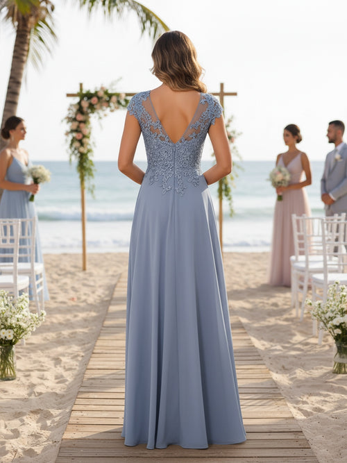 A-Line/Princess Scoop Neck Cap Sleeve Floor-Length Mother of the Bride Dresses with Lace Applique