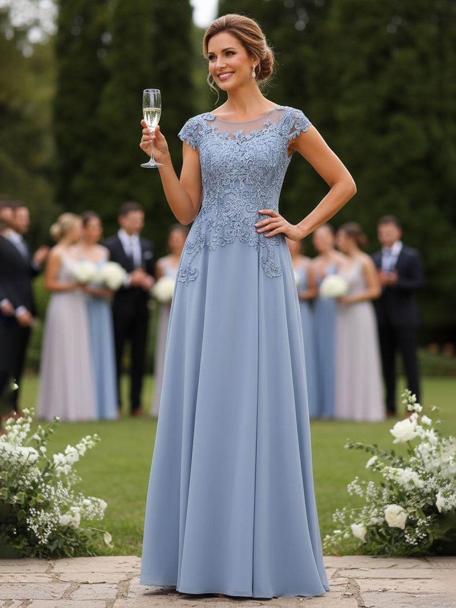 Dusty Blue Mother of The Bride Dresses 2026 Lace A Line Cap Sleeve Floor Length Elegant Beach Wedding Guest Formal Evening Gowns