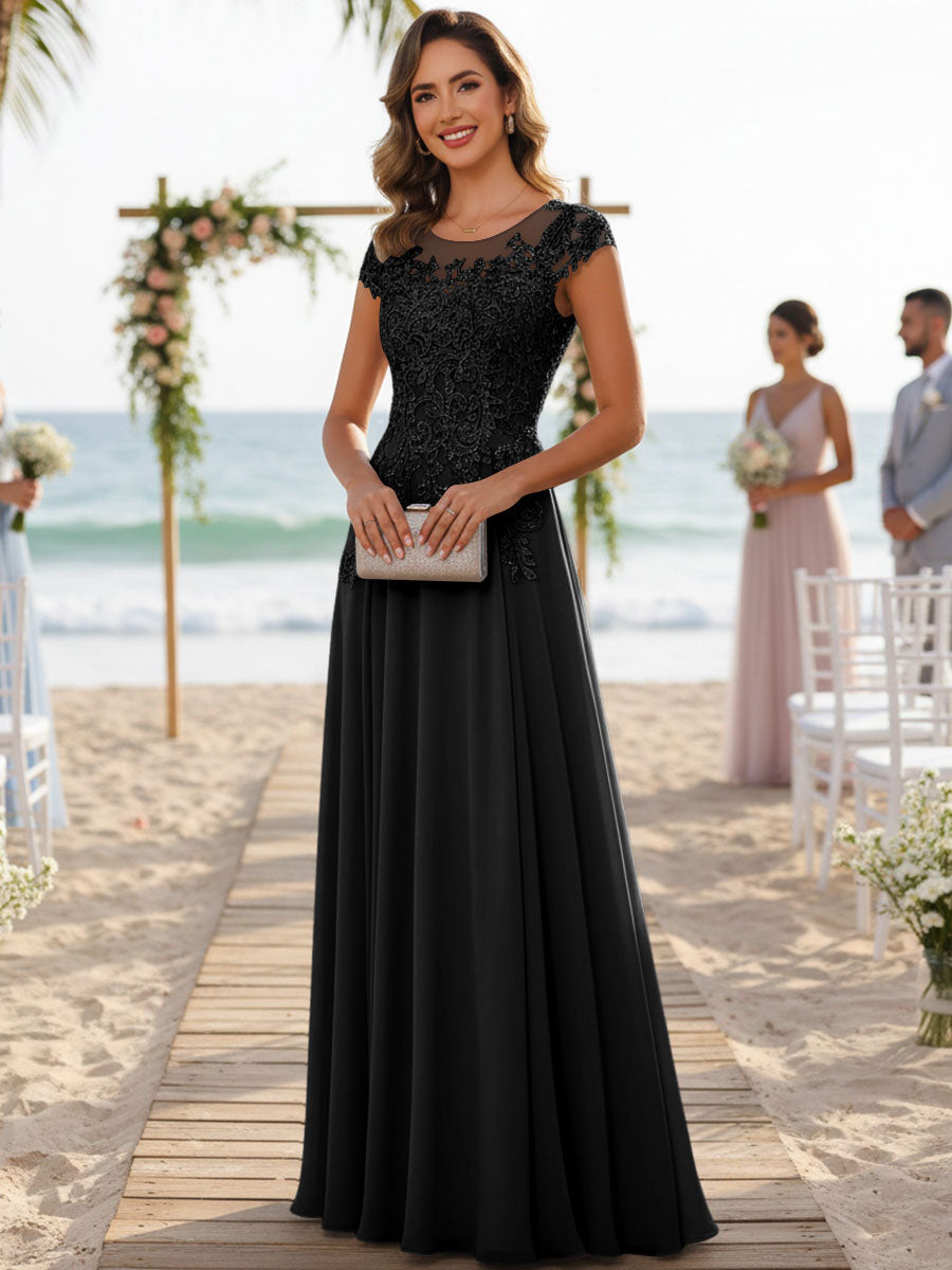 A-Line/Princess Scoop Neck Cap Sleeve Floor-Length Mother of the Bride Dresses with Lace Applique