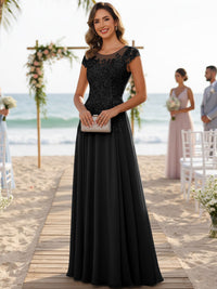 A-Line/Princess Scoop Neck Cap Sleeve Floor-Length Mother of the Bride Dresses with Lace Applique