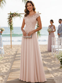 A-Line/Princess Scoop Neck Cap Sleeve Floor-Length Mother of the Bride Dresses with Lace Applique