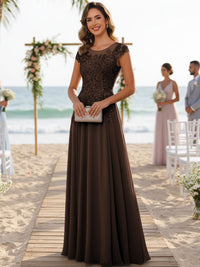 A-Line/Princess Scoop Neck Cap Sleeve Floor-Length Mother of the Bride Dresses with Lace Applique