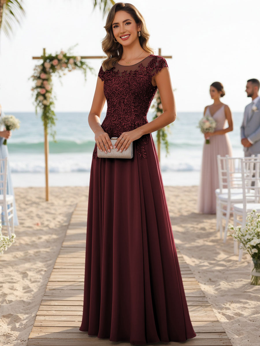 A-Line/Princess Scoop Neck Cap Sleeve Floor-Length Mother of the Bride Dresses with Lace Applique