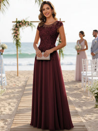 A-Line/Princess Scoop Neck Cap Sleeve Floor-Length Mother of the Bride Dresses with Lace Applique