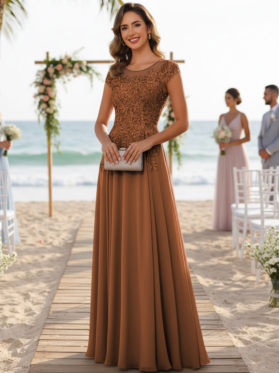 A-Line/Princess Scoop Neck Cap Sleeve Floor-Length Mother of the Bride Dresses with Lace Applique