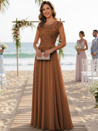 A-Line/Princess Scoop Neck Cap Sleeve Floor-Length Mother of the Bride Dresses with Lace Applique