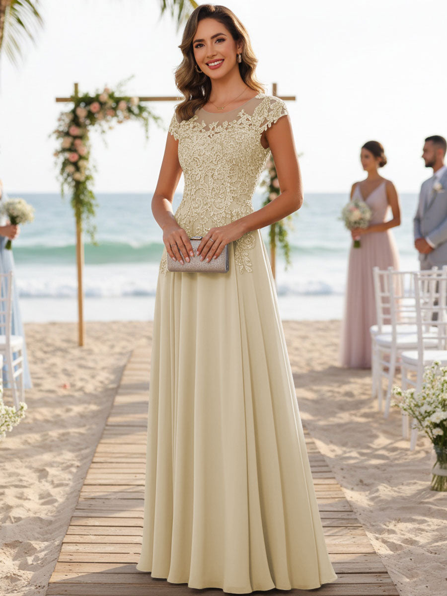 A-Line/Princess Scoop Neck Cap Sleeve Floor-Length Mother of the Bride Dresses with Lace Applique