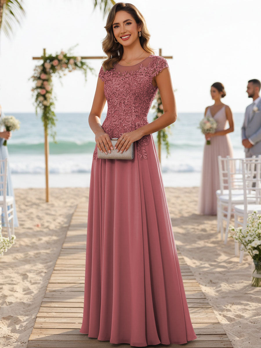 A-Line/Princess Scoop Neck Cap Sleeve Floor-Length Mother of the Bride Dresses with Lace Applique