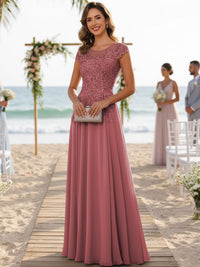 A-Line/Princess Scoop Neck Cap Sleeve Floor-Length Mother of the Bride Dresses with Lace Applique
