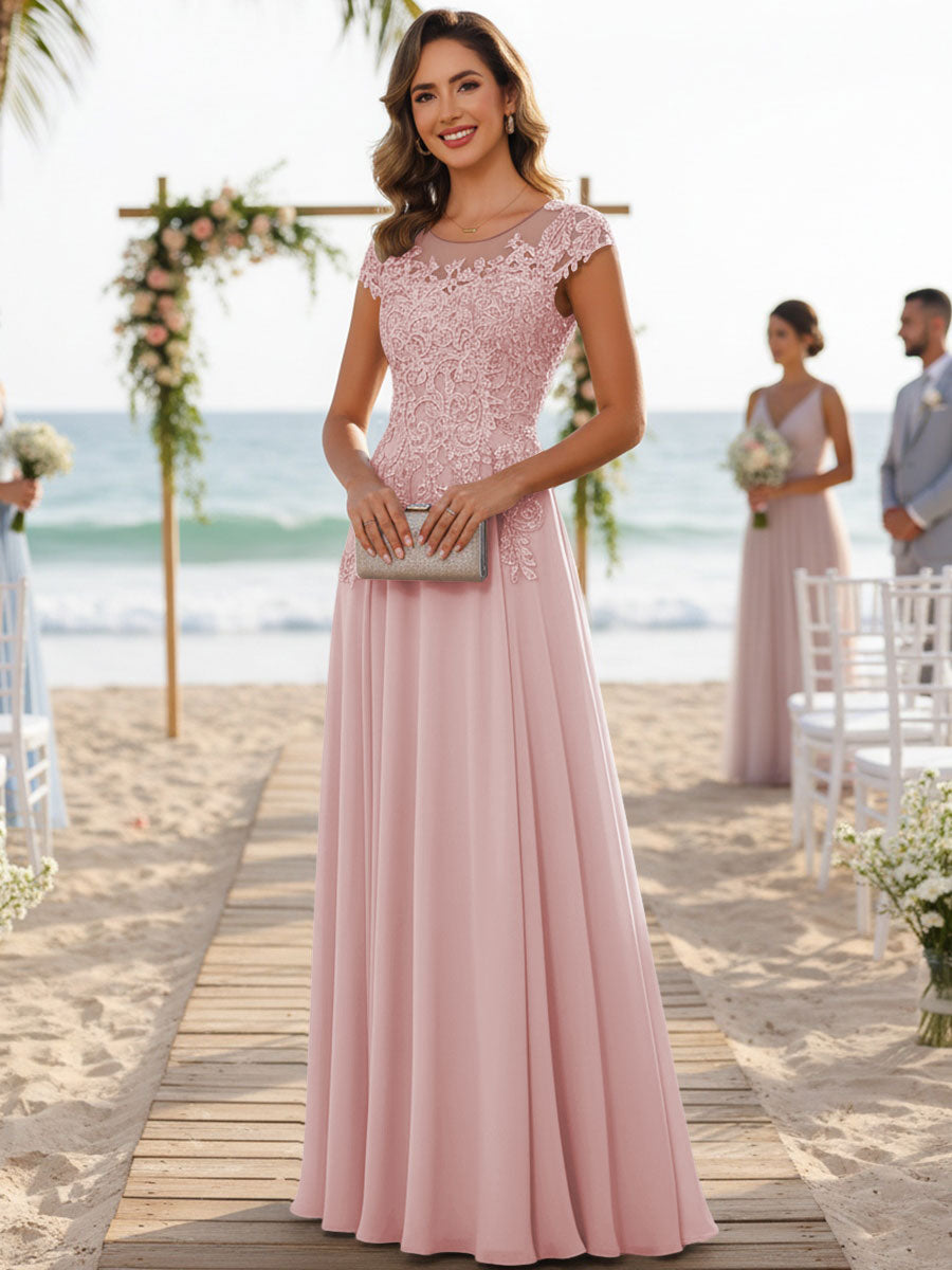 A-Line/Princess Scoop Neck Cap Sleeve Floor-Length Mother of the Bride Dresses with Lace Applique