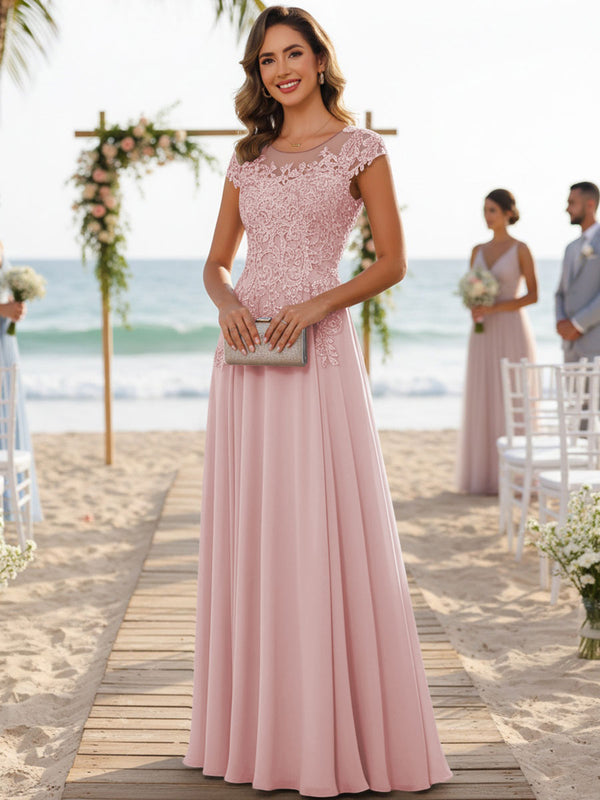 A-Line/Princess Scoop Neck Cap Sleeve Floor-Length Mother of the Bride Dresses with Lace Applique