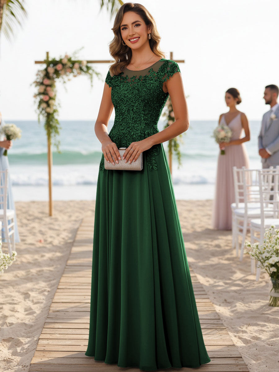 A-Line/Princess Scoop Neck Cap Sleeve Floor-Length Mother of the Bride Dresses with Lace Applique