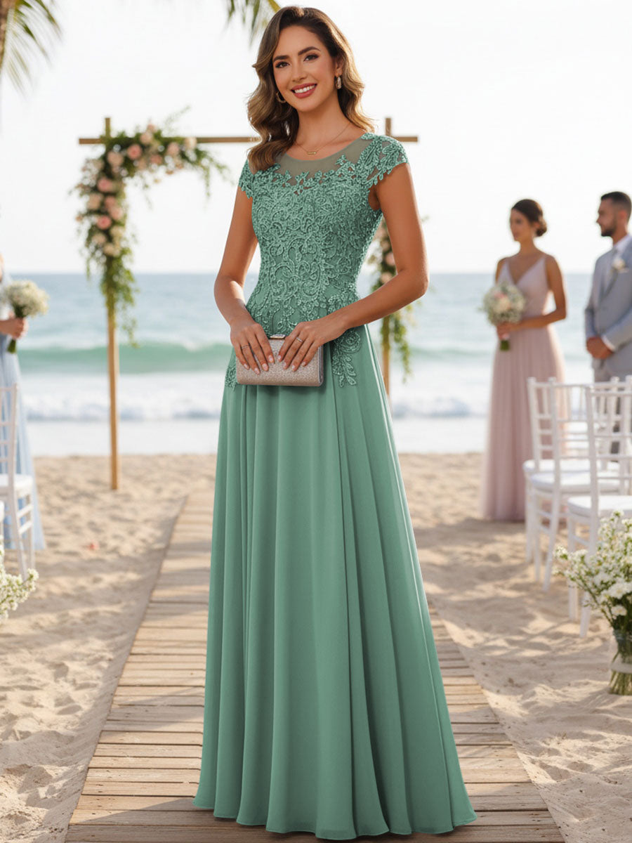 A-Line/Princess Scoop Neck Cap Sleeve Floor-Length Mother of the Bride Dresses with Lace Applique