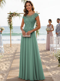 A-Line/Princess Scoop Neck Cap Sleeve Floor-Length Mother of the Bride Dresses with Lace Applique