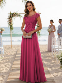 A-Line/Princess Scoop Neck Cap Sleeve Floor-Length Mother of the Bride Dresses with Lace Applique