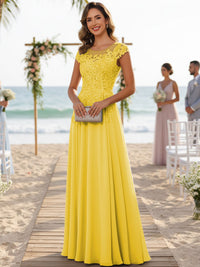 A-Line/Princess Scoop Neck Cap Sleeve Floor-Length Mother of the Bride Dresses with Lace Applique