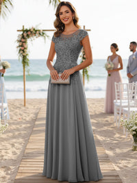 A-Line/Princess Scoop Neck Cap Sleeve Floor-Length Mother of the Bride Dresses with Lace Applique