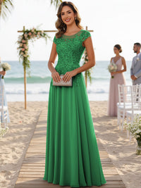 A-Line/Princess Scoop Neck Cap Sleeve Floor-Length Mother of the Bride Dresses with Lace Applique