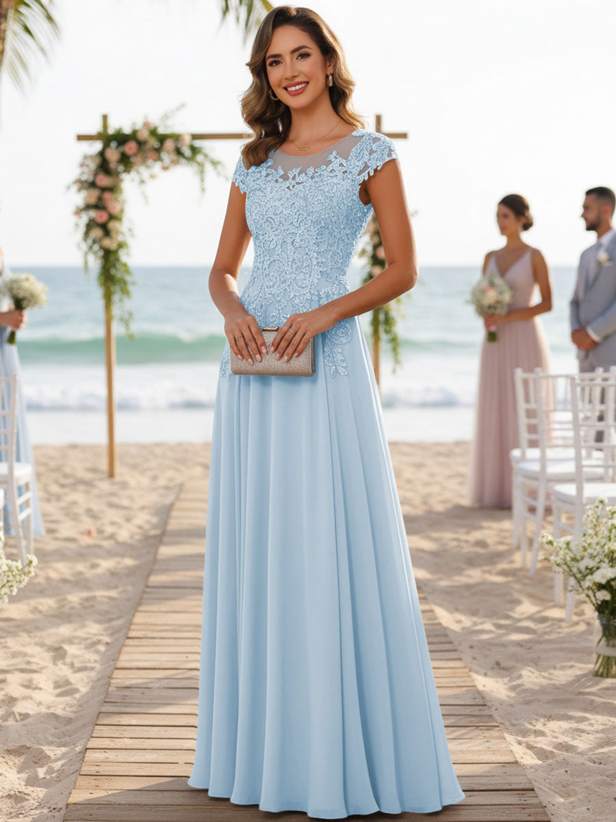 A-Line/Princess Scoop Neck Cap Sleeve Floor-Length Mother of the Bride Dresses with Lace Applique