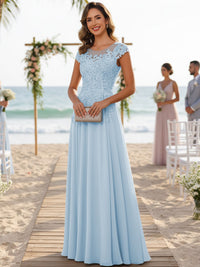 A-Line/Princess Scoop Neck Cap Sleeve Floor-Length Mother of the Bride Dresses with Lace Applique