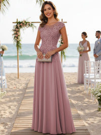 A-Line/Princess Scoop Neck Cap Sleeve Floor-Length Mother of the Bride Dresses with Lace Applique