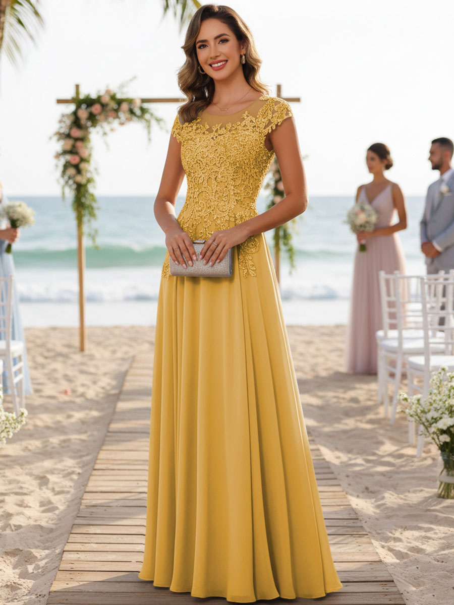 A-Line/Princess Scoop Neck Cap Sleeve Floor-Length Mother of the Bride Dresses with Lace Applique