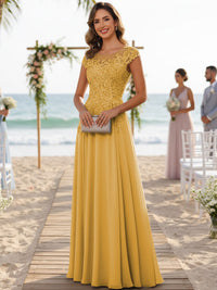 A-Line/Princess Scoop Neck Cap Sleeve Floor-Length Mother of the Bride Dresses with Lace Applique