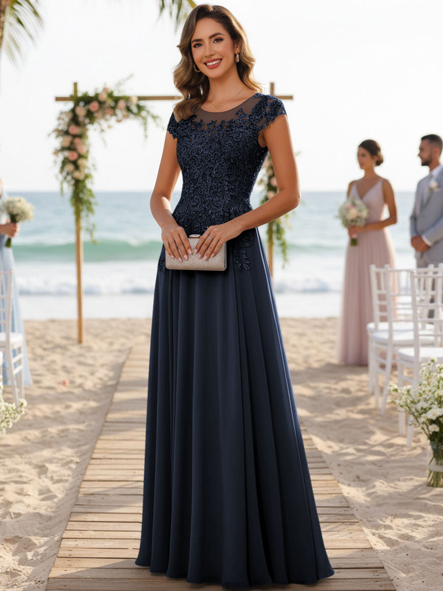 A-Line/Princess Scoop Neck Cap Sleeve Floor-Length Mother of the Bride Dresses with Lace Applique