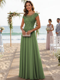 A-Line/Princess Scoop Neck Cap Sleeve Floor-Length Mother of the Bride Dresses with Lace Applique