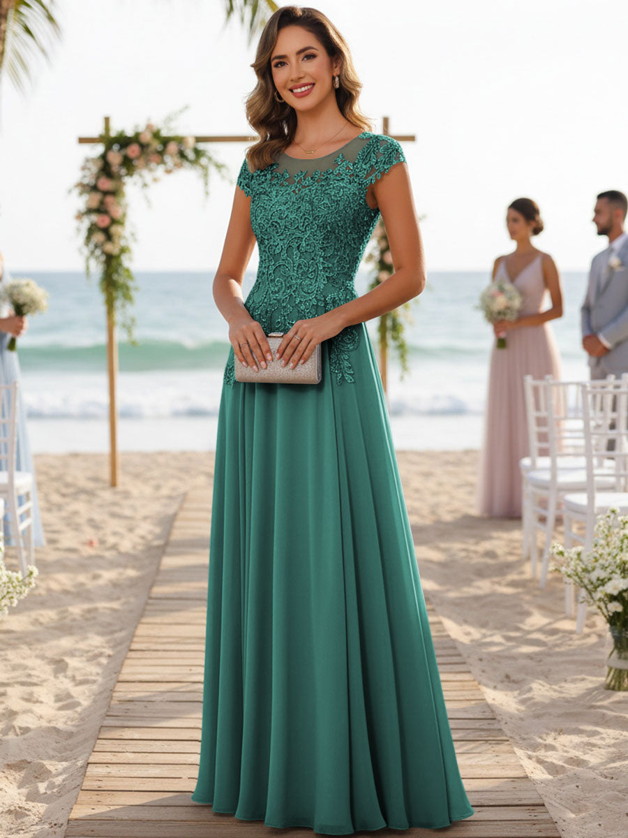 A-Line/Princess Scoop Neck Cap Sleeve Floor-Length Mother of the Bride Dresses with Lace Applique