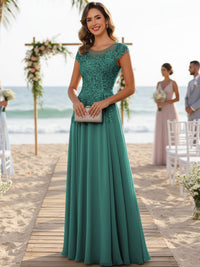 A-Line/Princess Scoop Neck Cap Sleeve Floor-Length Mother of the Bride Dresses with Lace Applique