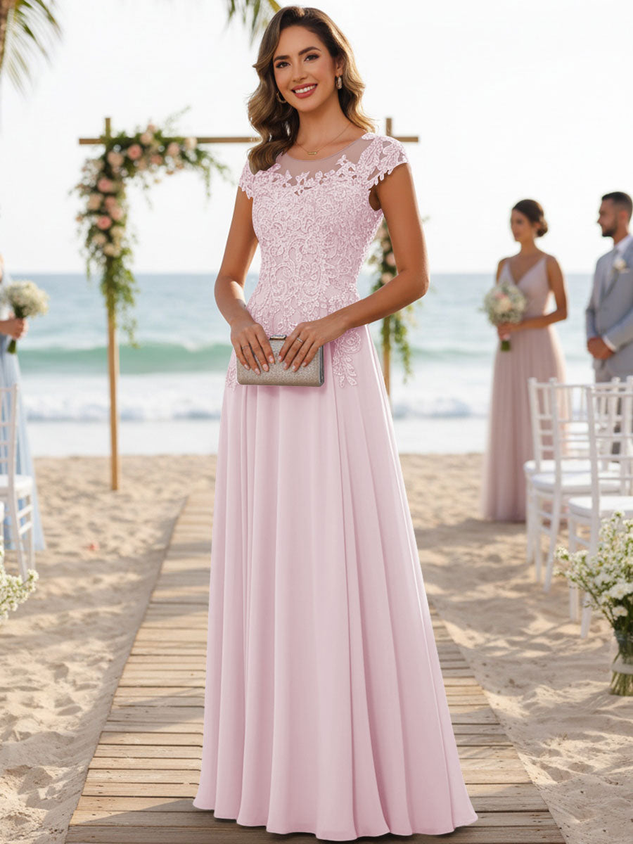 A-Line/Princess Scoop Neck Cap Sleeve Floor-Length Mother of the Bride Dresses with Lace Applique