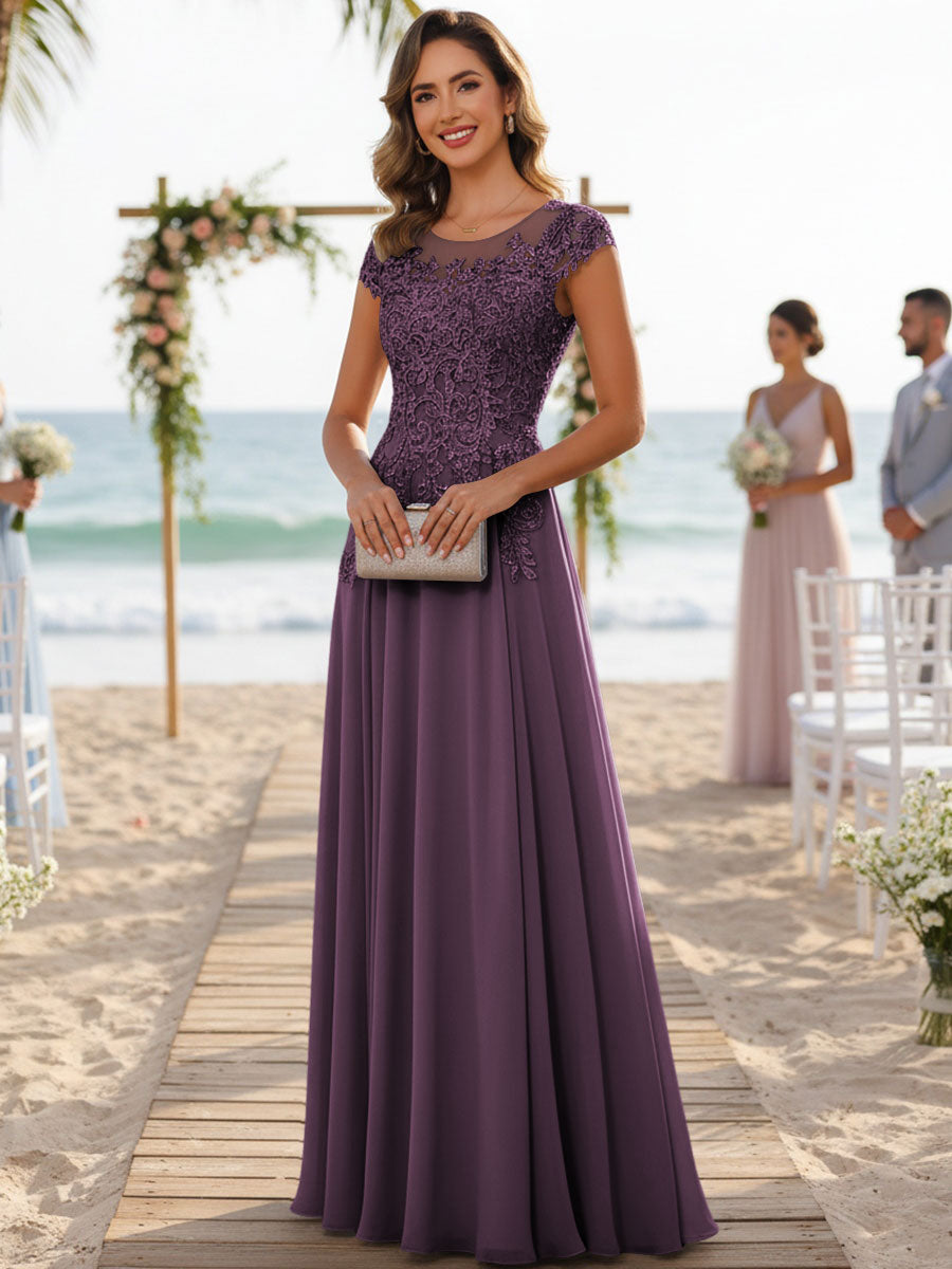 A-Line/Princess Scoop Neck Cap Sleeve Floor-Length Mother of the Bride Dresses with Lace Applique