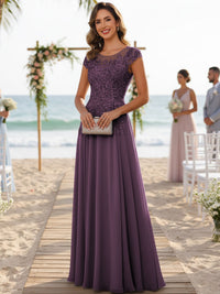 A-Line/Princess Scoop Neck Cap Sleeve Floor-Length Mother of the Bride Dresses with Lace Applique