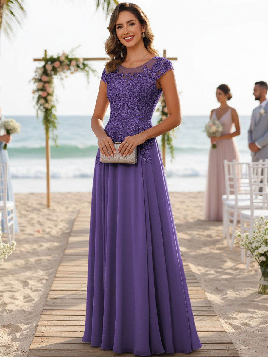 A-Line/Princess Scoop Neck Cap Sleeve Floor-Length Mother of the Bride Dresses with Lace Applique