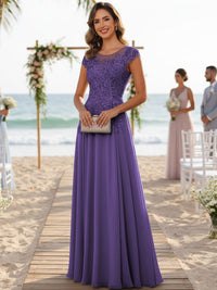 A-Line/Princess Scoop Neck Cap Sleeve Floor-Length Mother of the Bride Dresses with Lace Applique