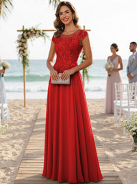 A-Line/Princess Scoop Neck Cap Sleeve Floor-Length Mother of the Bride Dresses with Lace Applique
