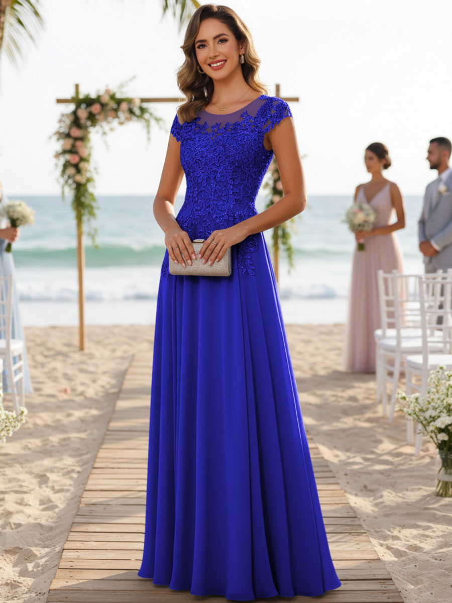 A-Line/Princess Scoop Neck Cap Sleeve Floor-Length Mother of the Bride Dresses with Lace Applique