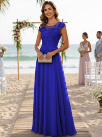 A-Line/Princess Scoop Neck Cap Sleeve Floor-Length Mother of the Bride Dresses with Lace Applique