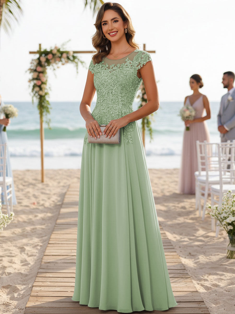 A-Line/Princess Scoop Neck Cap Sleeve Floor-Length Mother of the Bride Dresses with Lace Applique